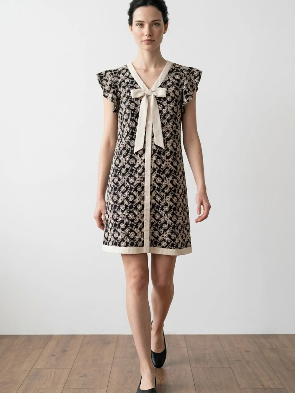 Voy Navy & Cream Tie-Neck Mini Dress